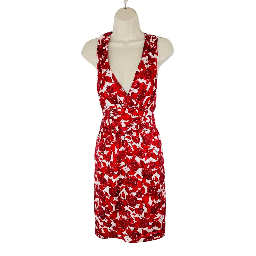 Vintage Forever 21‎ Silk Red Rose Floral Halter Neck Sleeveless Dress Size S